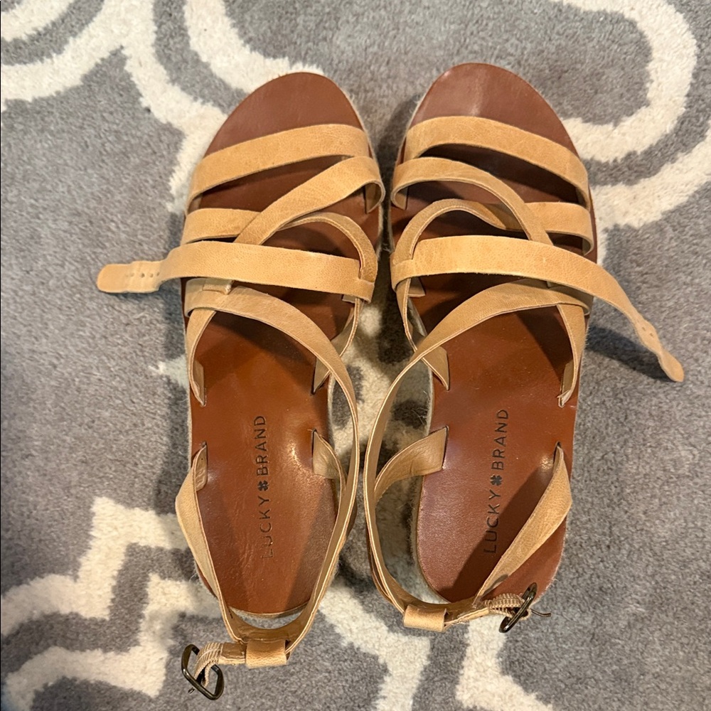 Lucky Brand Tan Strappy Suede Flat Sandals